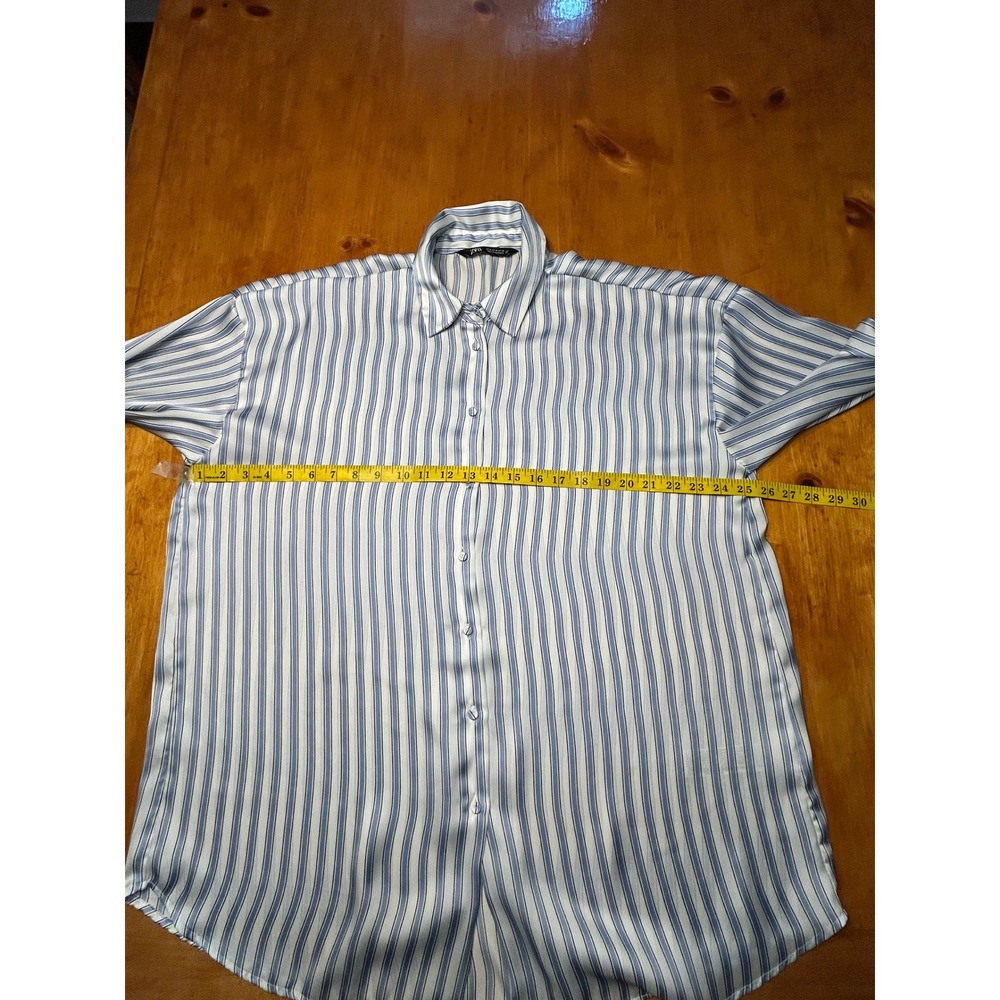 Zara Old Money Nautical Blue White Striped Satin Oversized Button Down Top - Picture 5 of 13